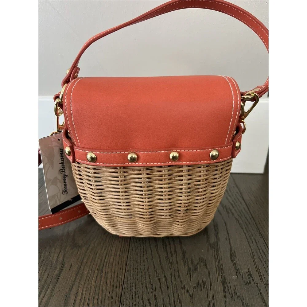 TOMMY BAHAMA Flap Picnic Basket Cross-body Straw Bag Coral Leather Studs NWT - Picture 5 of 8